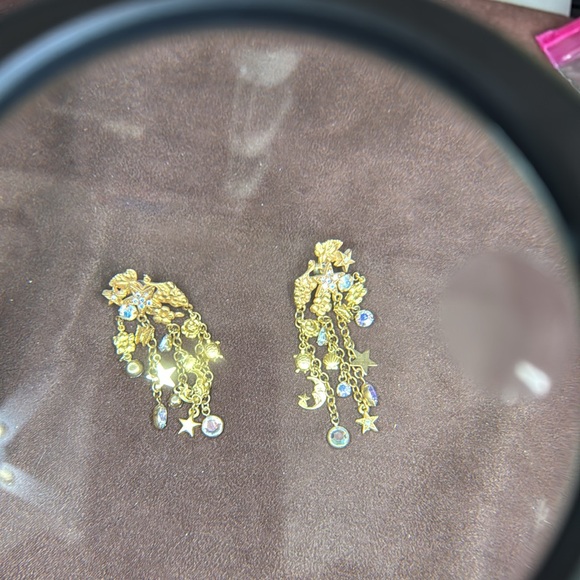 Kirks Folly Long Gold Charm earrings W/Aurora Borealis Crystal moon & star - Picture 4 of 9